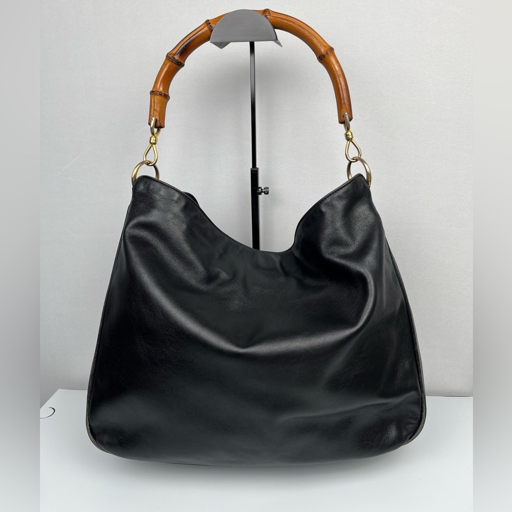 Gucci Black Leather Bamboo Handle 2-Way Bag No Peeling Interior